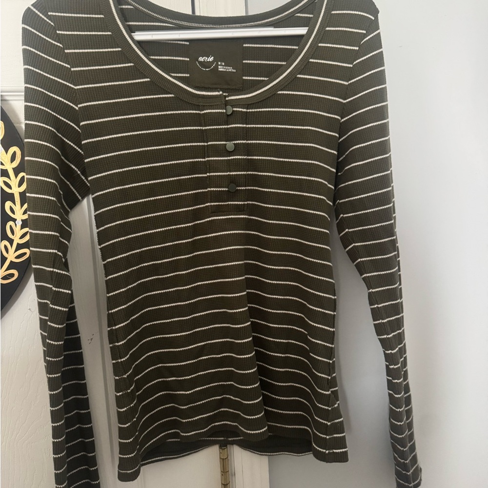 aerie Olive Green and White Striped Long Sleeve Henley